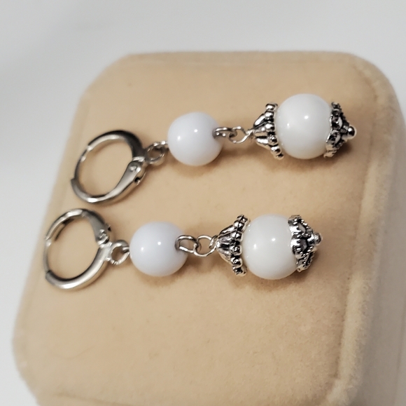 Upcycled White Opal Dangle Hoop Earrings - Picture 6 of 6